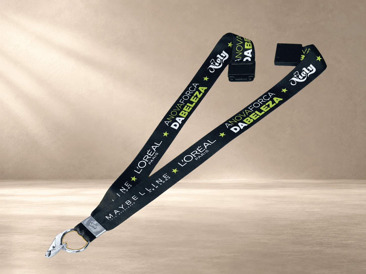 Cordão Personalizado Digital 0,80 cm x 15mm com Clips de Metal e Trava de Segurança